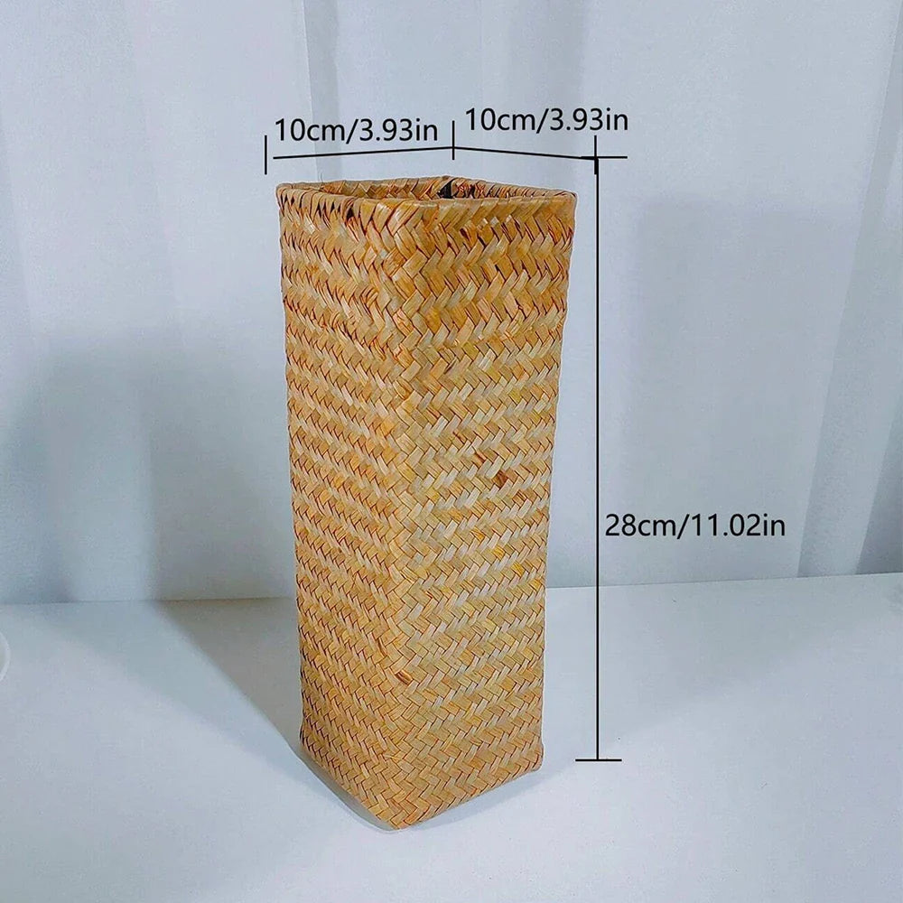 Handmade woven flower vase tall cylindrical basket with natural tan color and intricate herringbone pattern for home decor