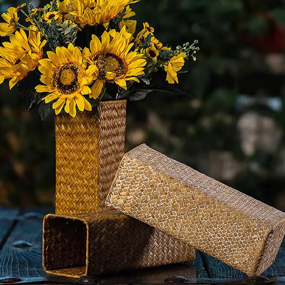 Handmade tall rectangular woven straw flower vase with matching lid and base for dried flower home decoration