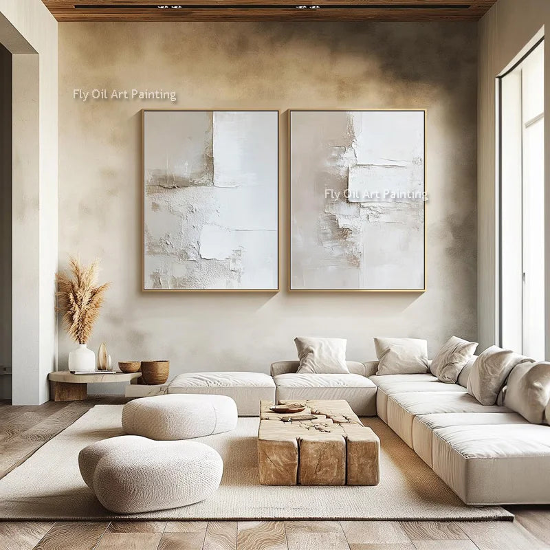 Handpainted Abstract Beige & White Oil Paintings Set - Posters