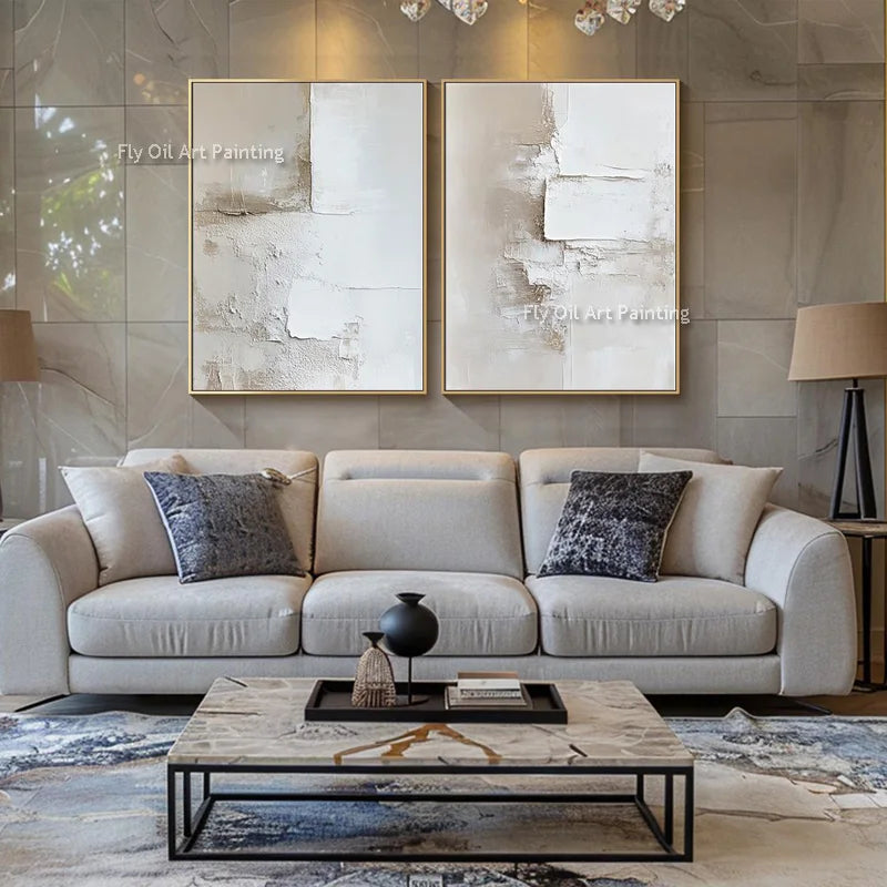 Handpainted Abstract Beige & White Oil Paintings Set - Posters
