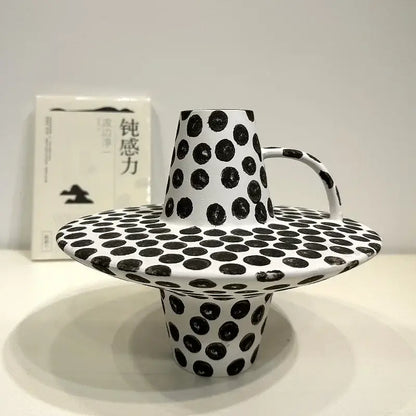 White ceramic mug and saucer set with black white dots handpainted decorbites black white kitchen decor