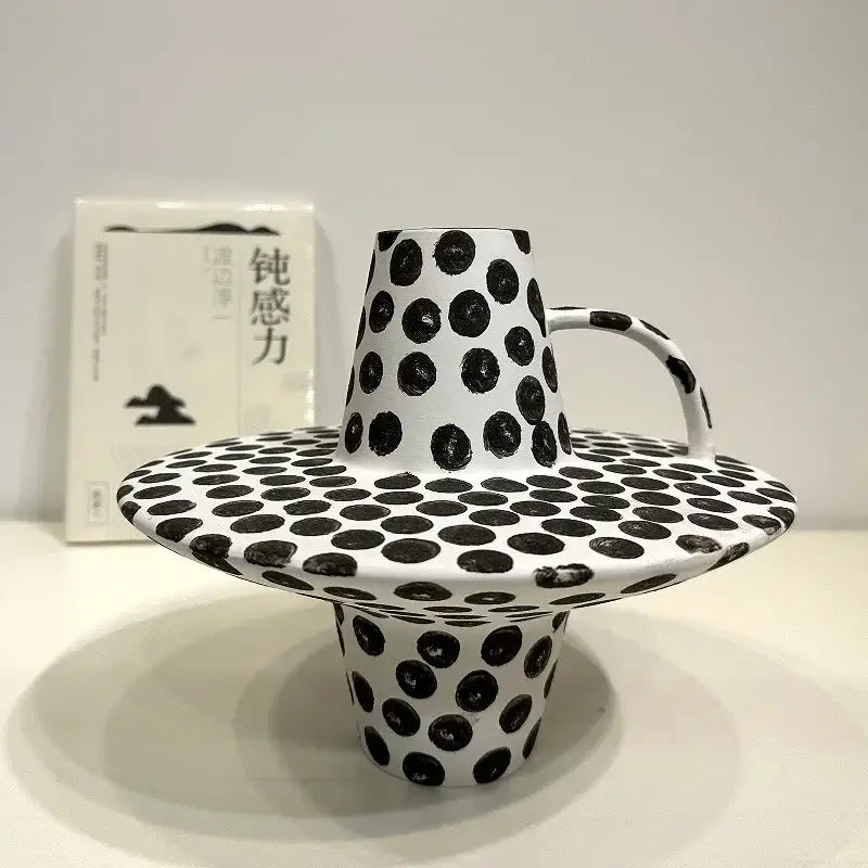 White ceramic mug and saucer set with black white dots handpainted decorbites black white kitchen decor