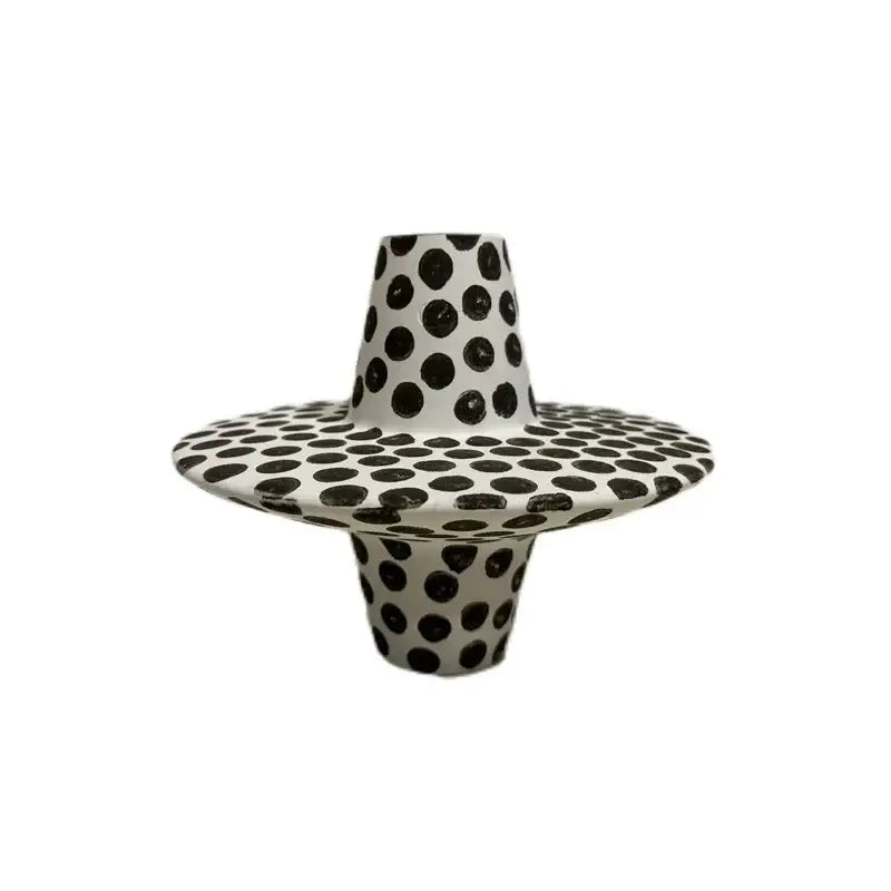 Handpainted ceramic vase with black white dots and wide base from decorbites black white collection home decor