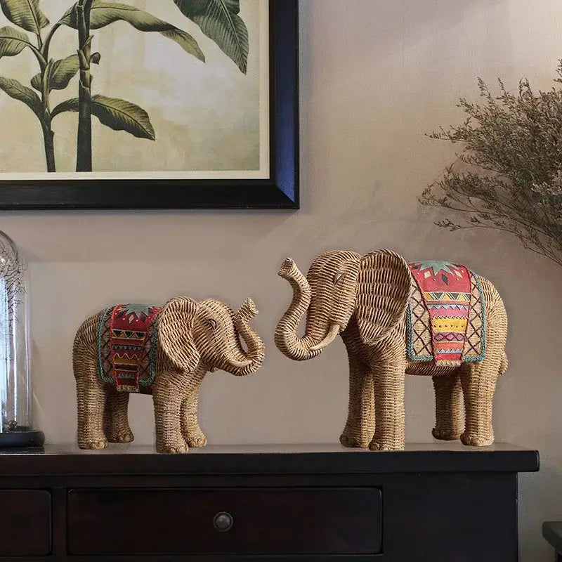 Handwoven rattan decorbites elephant resin figurines with colorful patterned saddle blankets for living room decor