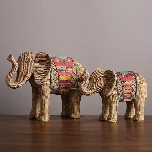 Handwoven wicker elephant resin handicraft ornament adorned with colorful embroidered saddle blankets for living room decorbites elephant resin decor