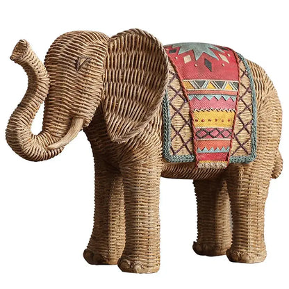 Handpainted woven rattan decorbites elephant resin figurine with colorful geometric saddle for living room decor
