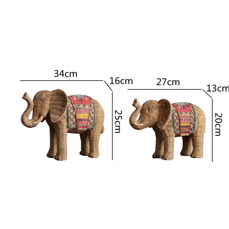 Handpainted woven wicker elephant resin handicraft ornament with red yellow and green patterned saddle blankets decorbites elephant resin