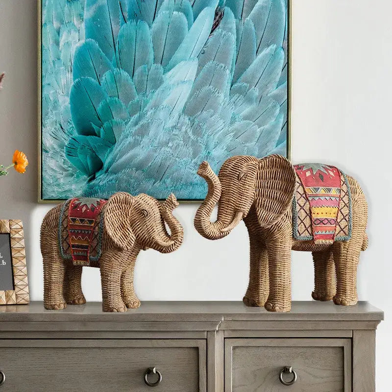 Handpainted woven rattan elephant resin handicraft ornament with colorful saddle blankets for living room decorbites decor