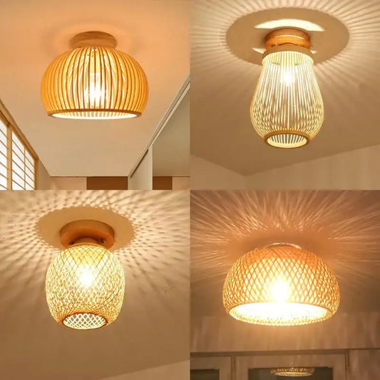 Handwoven decorbites bamboo birdcage ceiling light with warm glow and intricate lattice design for dining room decor
