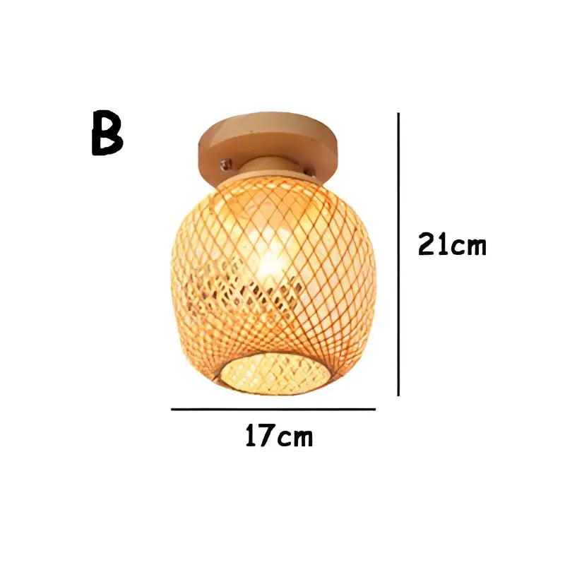 Warm-toned handwoven bamboo birdcage ceiling light with natural wood base for dining room decorbites bamboo birdcage