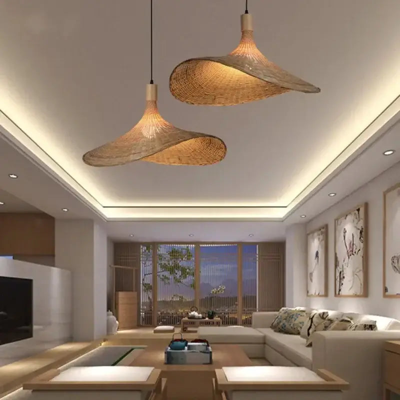 Two elegant light-brown handwoven bamboo pendant chandelier lights for living room decorbites bamboo pendant design