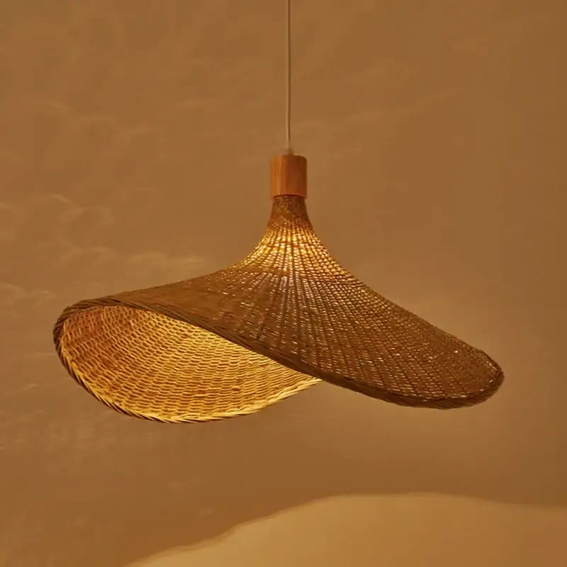 Handwoven bamboo pendant chandelier in golden brown rattan with conical lattice design for living room decorbites bamboo pendant