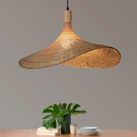 Handwoven Bamboo Straw Hat Pendant Light - Decorbites