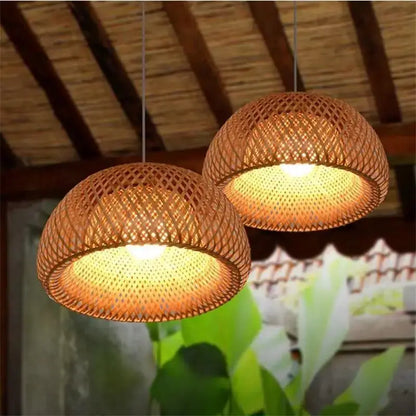 Beige tone handwoven bamboo dome pendant light with lattice design made of natural materials for dining room