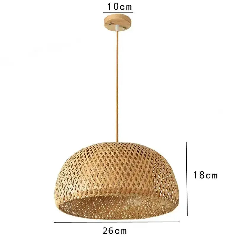 Handwoven beige tone bamboo pendant light with natural materials and diamond-patterned lattice for dining room use