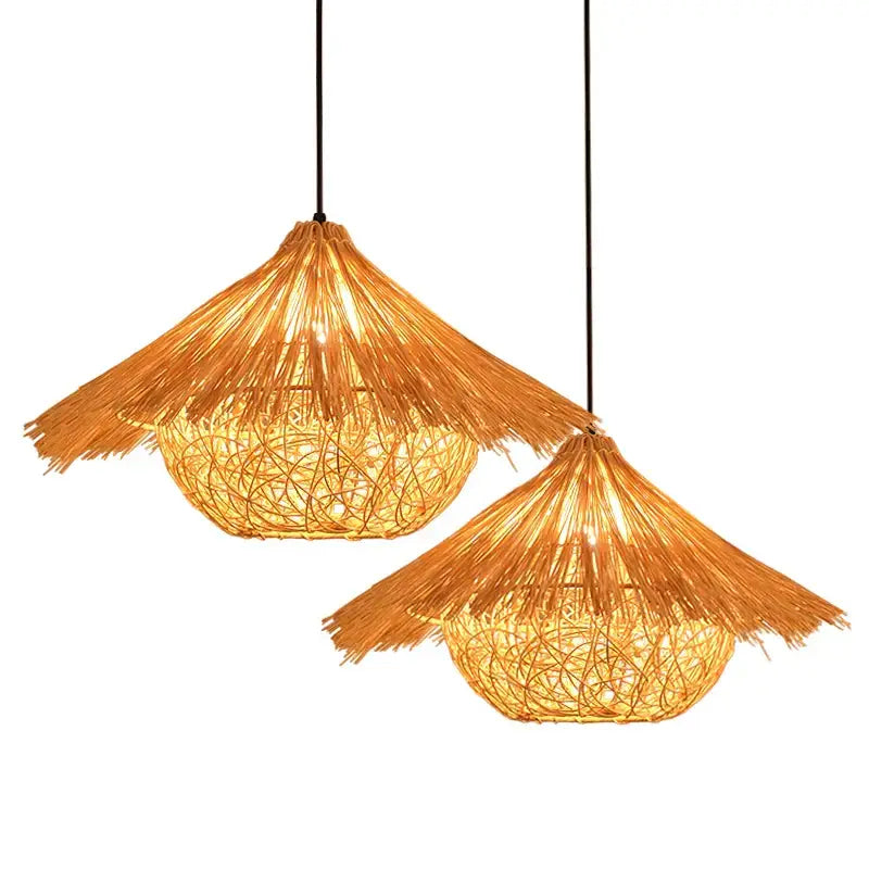 Two warm-toned handwoven rattan pendant lights with a natural rustic design for dining room illumination