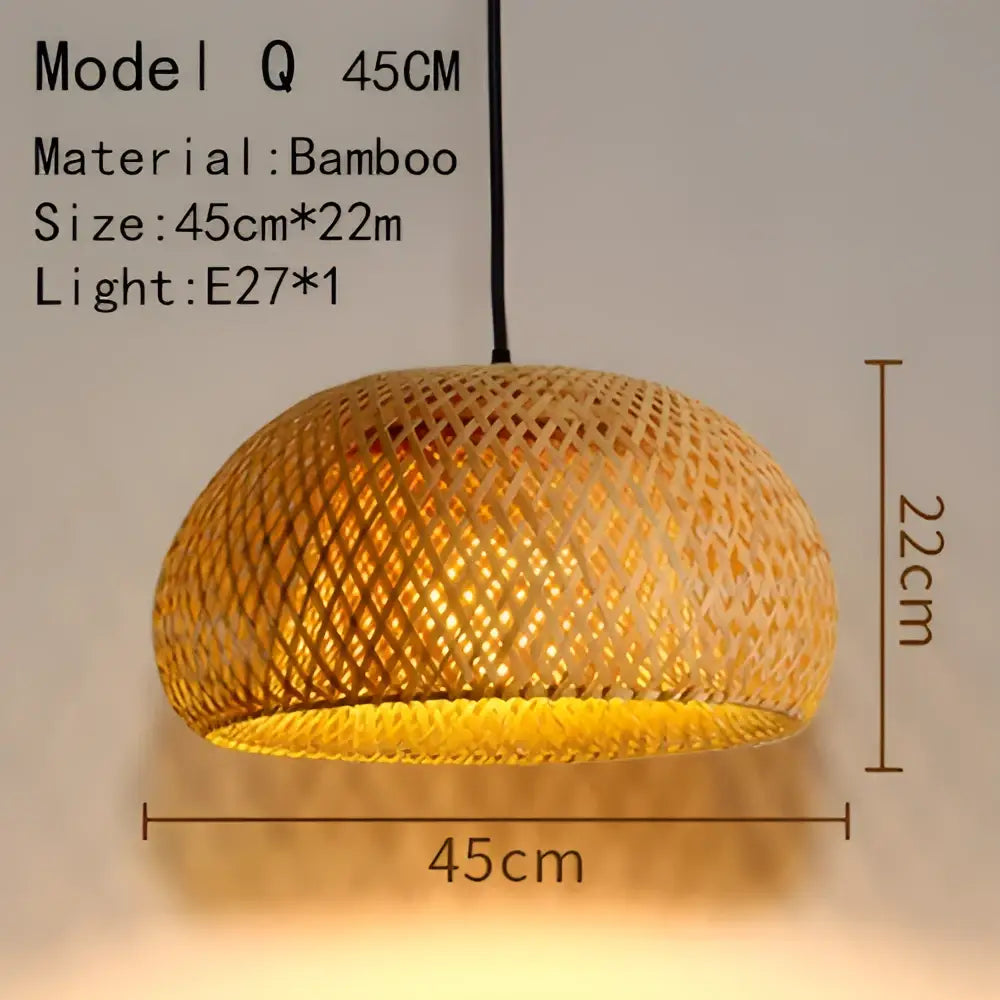 Handwoven rattan pendant light in warm golden hue with woven lattice design 45cm by 22cm for dining room