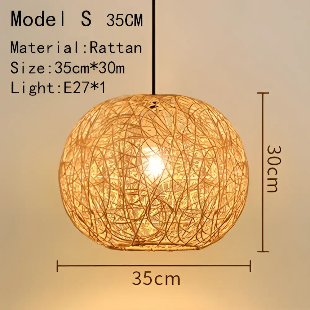 Handwoven rattan pendant light with a warm golden-brown hue and e27 bulb socket for dining room illumination