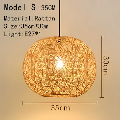 Handwoven rattan pendant light with a warm golden-brown hue and e27 bulb socket for dining room illumination