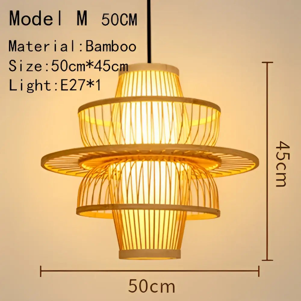 Handwoven black woven pendant light with warm-toned tiered bamboo design for dining room illumination
