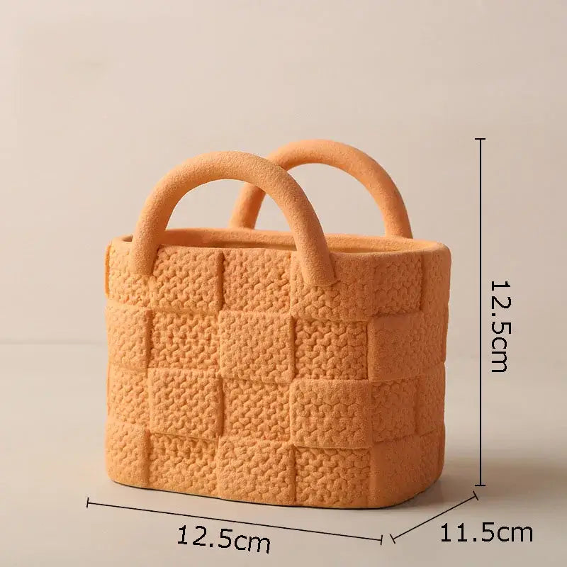 Handwoven ceramic vase terracotta basket with woven texture and handles for living room decor by decorbites ceramic vase