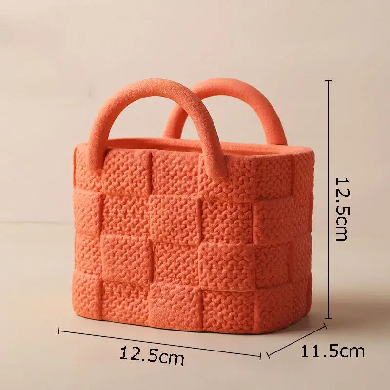 Coralb-colored decorbites handwoven ceramic vase with woven texture and rounded handles for living room decor