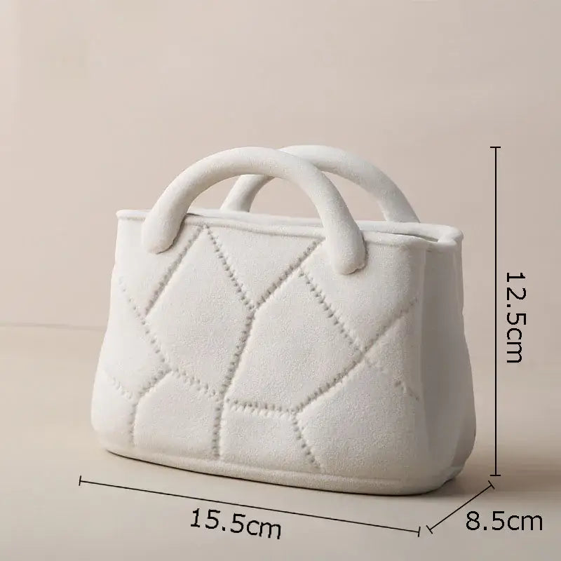White ceramic handwoven ceramic vase shaped like a handbag with quilted diamond pattern for living room decorbites decor