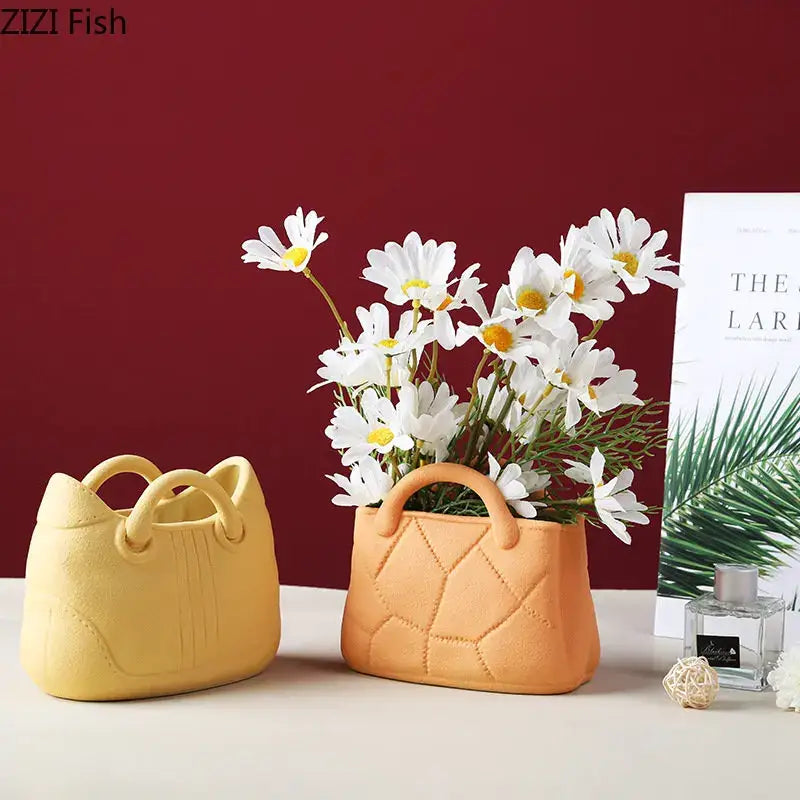 Two ceramic vases shaped like handbags in soft yellow and warm orange decorbites handwoven ceramic vase for living room decor