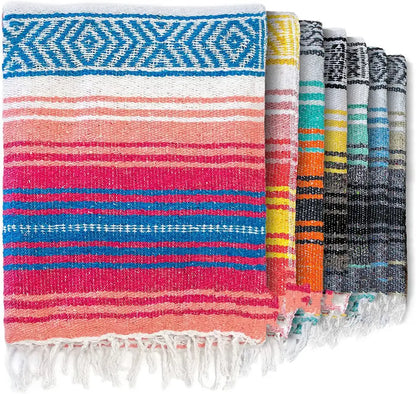 Handwoven mexican blanket by decorbites with pink coral blue stripes geometric border and white fringe for decor