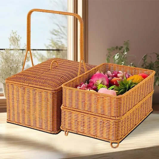 Handwoven rattan picnic basket with lid rectangular outdoor storage filled with colorful fruits and vegetables