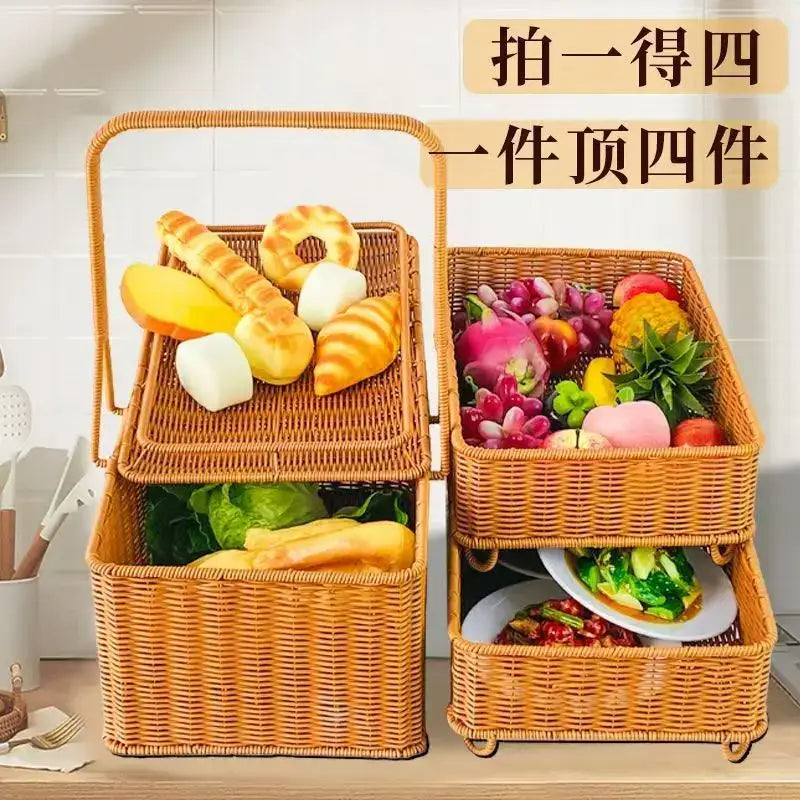 Tan handwoven rattan picnic basket with lid rectangular two-tiered wicker storage with handle and small wheels
