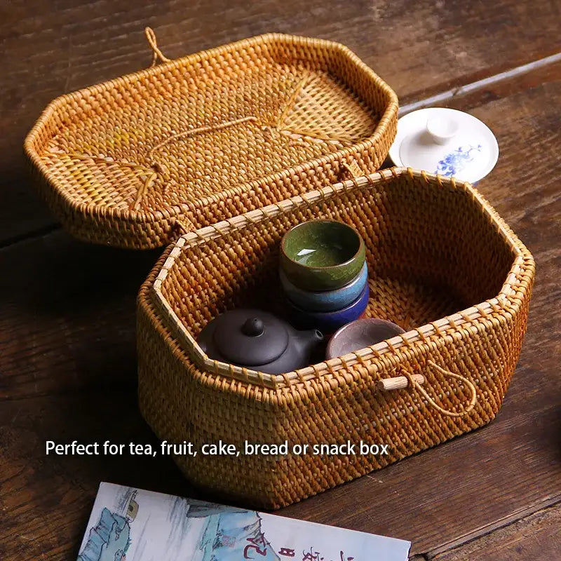 Handwoven rattan hexagonal storage box with lid and wooden handle in natural tan for kitchen tea caddy decorbites handwoven rattan