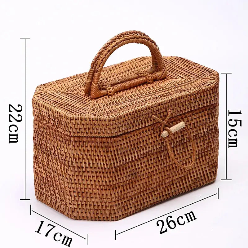 Handwoven rattan brown storage box with handle and wooden toggle closure decorbites handwoven rattan cosmetic case