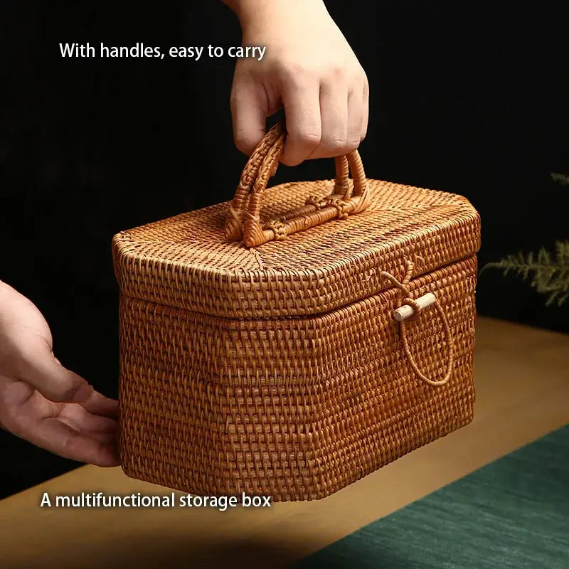 Handwoven rattan storage box in brown with handle and wooden toggle clasp by decorbites for kitchen tea caddy use