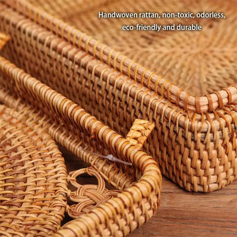 Handwoven rattan storage box with blue ceramic lid and natural-colored baskets with durable weave and rounded handles by decorbites