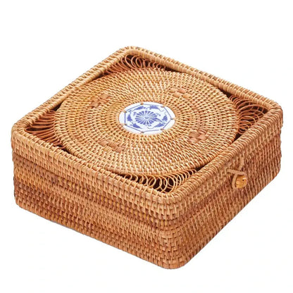 Handwoven rattan storage box with a natural woven body and blue and white ceramic lid by decorbites for kitchen use