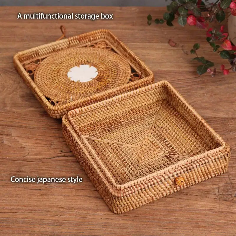 Handwoven rattan storage box by decorbites with intricate circular lid pattern and white center for kitchen use