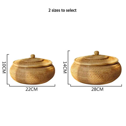 Handwoven rattan storage box with lid by decorbites natural color in two sizes ideal for kitchen organization