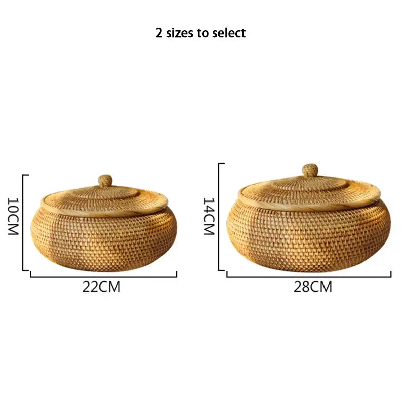 Handwoven rattan storage box with lid by decorbites natural color in two sizes ideal for kitchen organization
