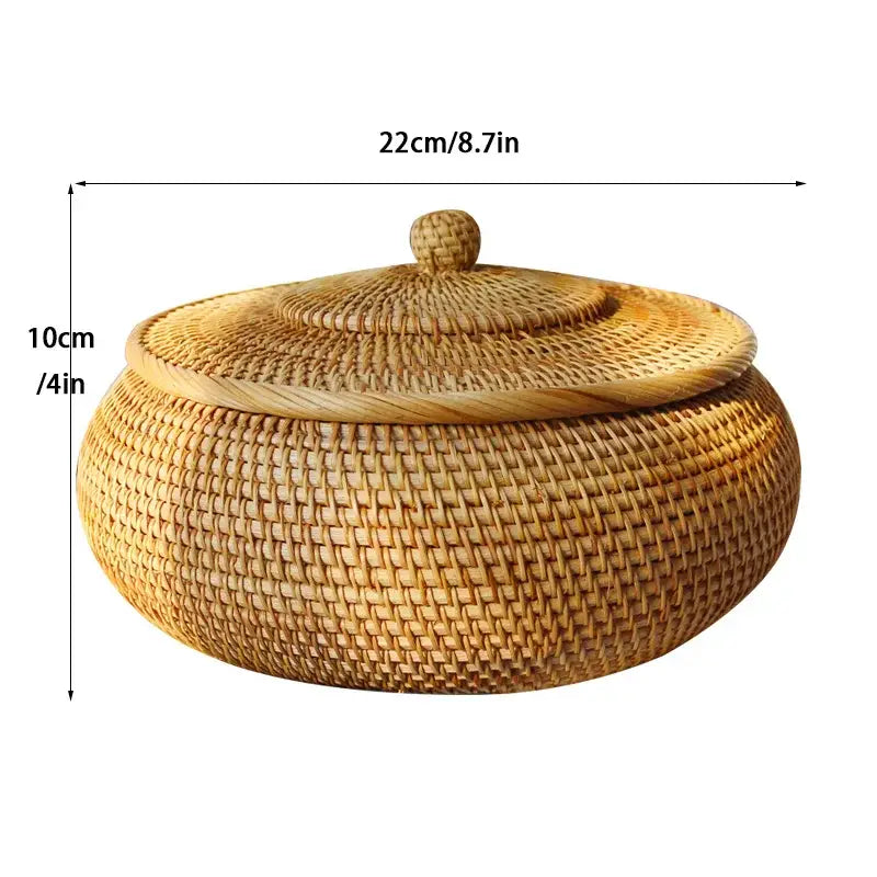 Handwoven rattan storage box decorbites with natural color, lid, and rounded knob for kitchen organization