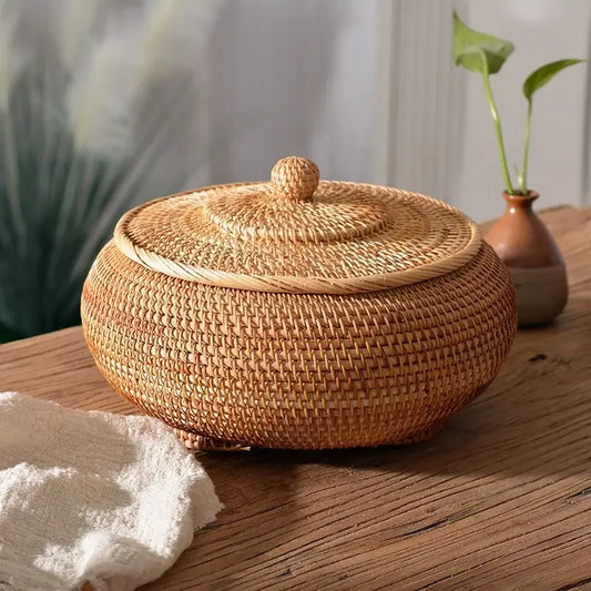 Handwoven rattan storage box by decorbites with natural color, matching lid, and knob handle for kitchen organization