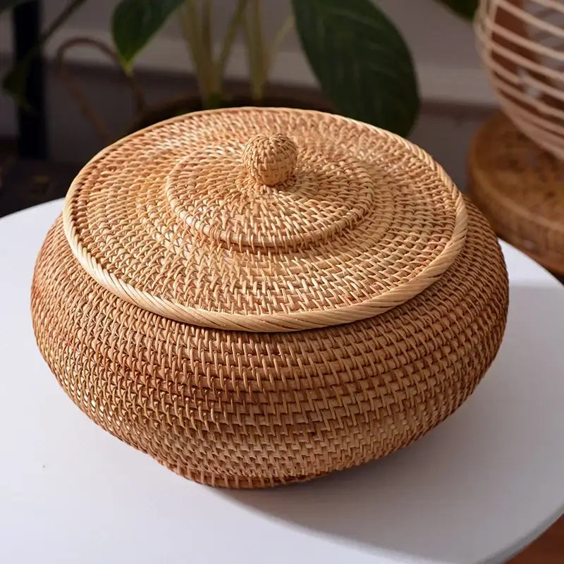 Handwoven rattan storage box decorbites with natural color lid and knob handle ideal for kitchen organizer and storage box