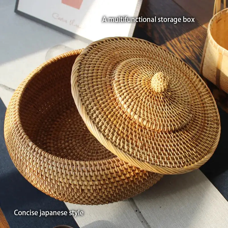 Handwoven rattan storage box with lid by decorbites features round shape and concentric circular patterns for kitchen organization