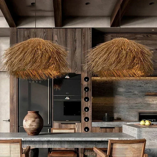 Handwoven Wicker Pendant Light in Natural Straw Shade
