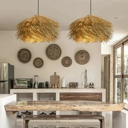 Handwoven Wicker Pendant Light in Natural Straw Shade - Decorbites