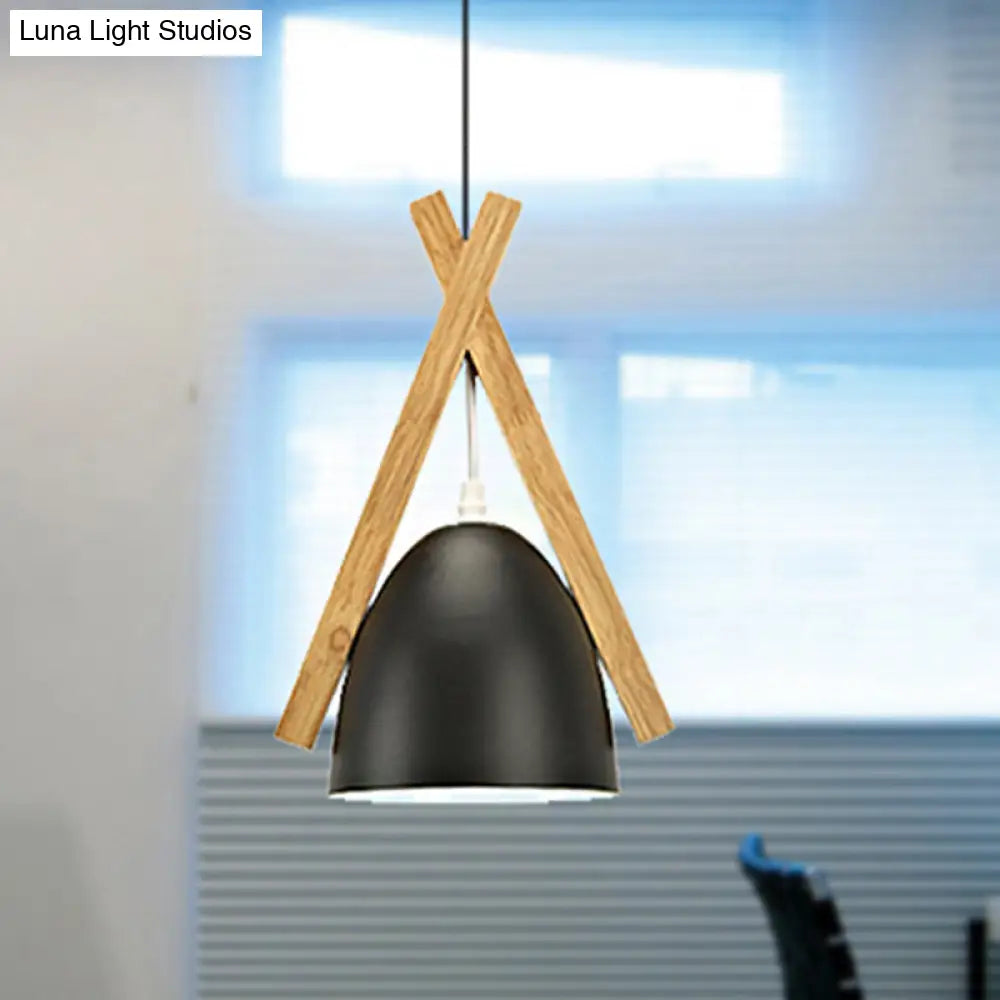 Hanging Bowl Shape Pendant Light with Linear Wood Deco - Stylish Macaron Loft Aluminum Light for Hallways