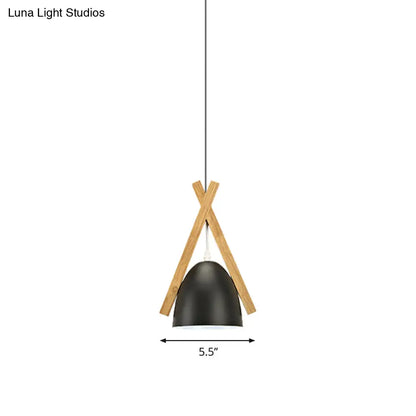 Hanging Bowl Shape Pendant Light with Linear Wood Deco - Stylish Macaron Loft Aluminum Light for Hallways