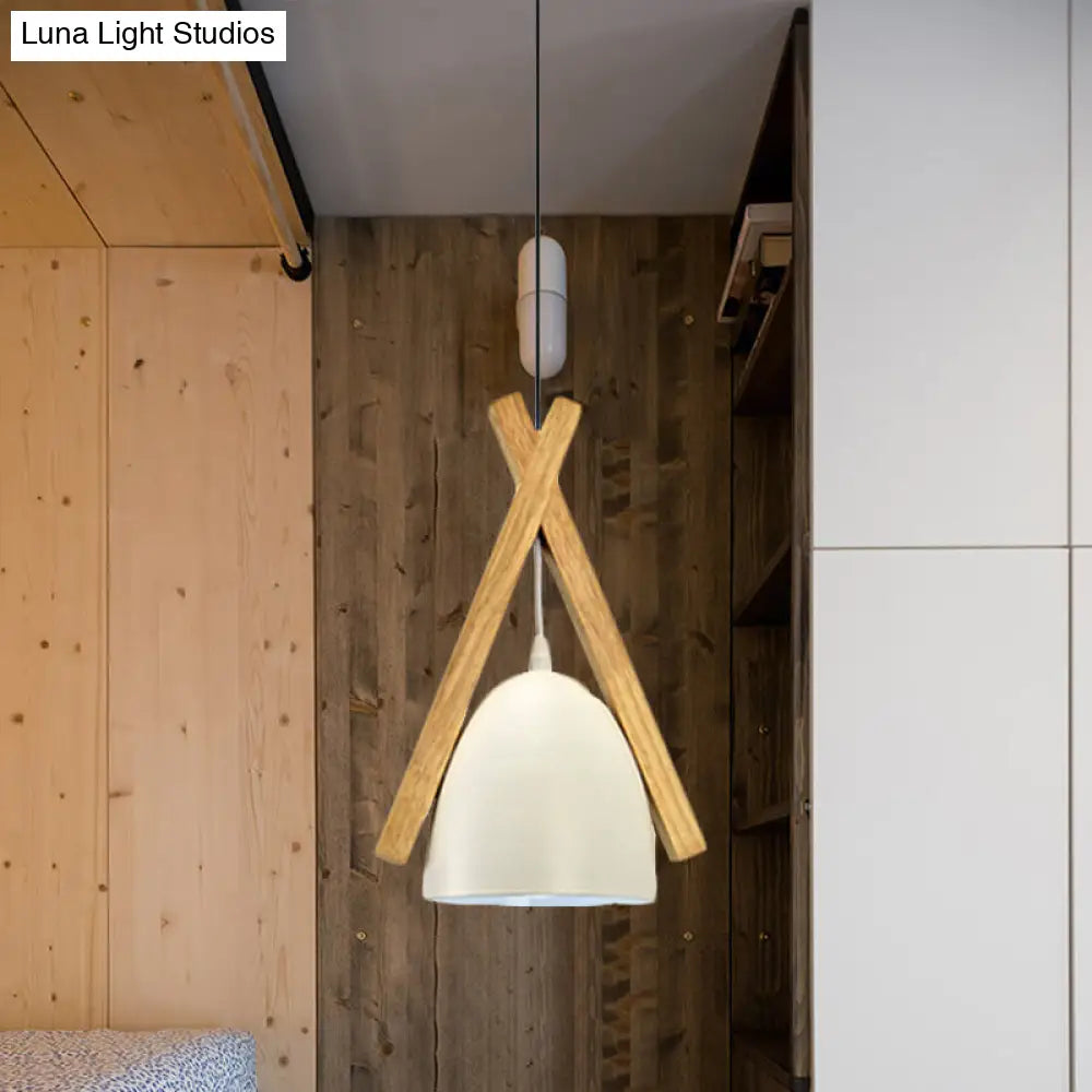 Hanging Bowl Shape Pendant Light with Linear Wood Deco - Stylish Macaron Loft Aluminum Light for Hallways