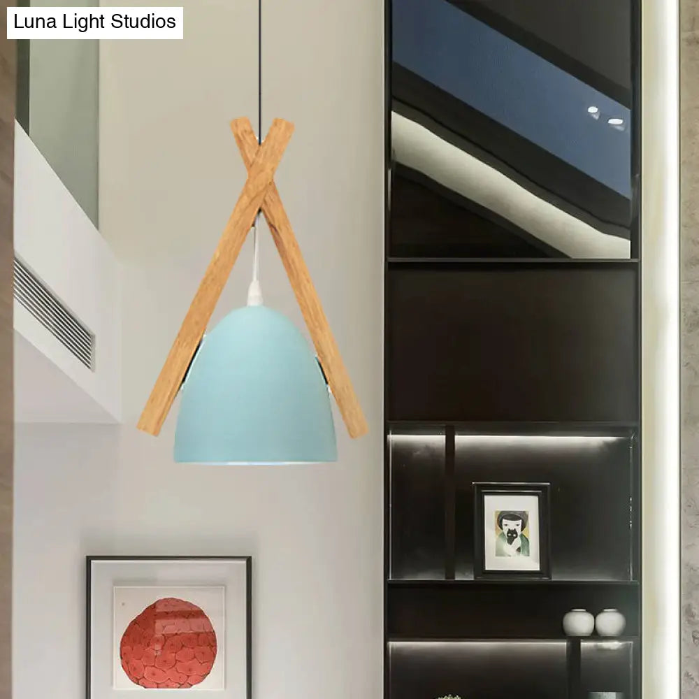 Hanging Bowl Shape Pendant Light with Linear Wood Deco - Stylish Macaron Loft Aluminum Light for Hallways