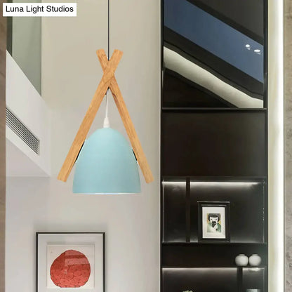 Hanging Bowl Shape Pendant Light with Linear Wood Deco - Stylish Macaron Loft Aluminum Light for Hallways